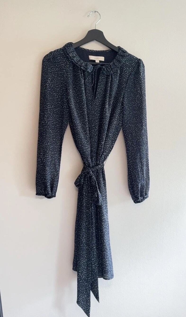 LOFT Dress Womens 6 Blue Polka Dot Ruffle Neck Belted Long Sleeve Knee Length